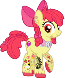 Size: 3500x4191 | Tagged: safe, artist:n0kkun, imported from derpibooru, apple bloom, earth pony, pony, alternate hairstyle, apple bloom's bow, bow, cutie mark, ear piercing, earring, eye scar, female, hair bow, headcanon, jewelry, mare, older, older apple bloom, piercing, raised hoof, scar, simple background, solo, tattoo, the cmc's cutie marks, transparent background, unshorn fetlocks