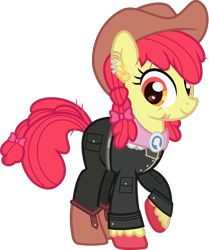 Size: 3500x4182 | Tagged: safe, artist:n0kkun, imported from derpibooru, apple bloom, earth pony, pony, alternate hairstyle, belt, boots, clothes, cowboy boots, cowboy hat, ear piercing, earring, eye scar, female, hat, jacket, jeans, jewelry, mare, older, older apple bloom, pants, piercing, raised hoof, scar, shoes, simple background, solo, suit, transparent background, unshorn fetlocks