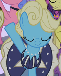 Size: 294x366 | Tagged: safe, imported from derpibooru, screencap, eclair créme, jangles, masquerade, primrose, royal ribbon, earth pony, pony, sweet and elite, clothes, cropped, dress, eyes closed, female, jewelry, mare, necklace, pearl necklace, raised hoof, solo focus