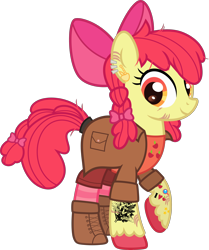 Size: 3500x4191 | Tagged: safe, artist:n0kkun, imported from derpibooru, apple bloom, earth pony, pony, alternate hairstyle, apple, apple bloom's bow, boots, bow, clothes, coat, ear piercing, earring, eye scar, female, food, hair bow, jewelry, mare, older, older apple bloom, piercing, raised hoof, scar, shirt, shoes, shorts, simple background, socks, solo, striped socks, t-shirt, tattoo, transparent background, unshorn fetlocks