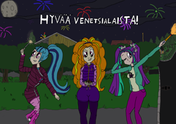 Size: 3504x2471 | Tagged: safe, artist:ewrrfb, imported from derpibooru, adagio dazzle, aria blaze, sonata dusk, equestria girls, asphalt, blue hair, celebrating, celebration, clothes, dark, female, finnish, firecracker, firecrackers, fireworks, grass, hedge, hoodie, houses, logs, manhole, moon, night, night sky, nightsky, orange hair, purple eyes, purple hair, roman candle, roof, smoke, sparkler (firework), stars, text, the dazzlings, tree, venetian festival, white text