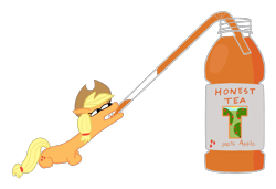 Size: 1641x1122 | Tagged: safe, artist:wren, applejack, earth pony, pony, blonde hair, bottle, cowboy hat, drinking, drinking straw, female, food, hat, honest tea, iced tea, label, lying down, pun, resting, simple background, solo, squatpony, straw, straw in mouth, sucking, tea, transparent background, wat, wtf