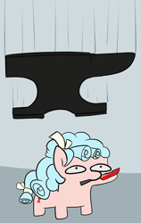 Size: 1089x1718 | Tagged: safe, artist:llametsul, edit, cozy glow, pegasus, pony, 1000 degree knife, anvil, atg 2020, cozybuse, female, filly, imminent pain, knife, mouth hold, newbie artist training grounds, simple background, squatpony, this will end in death