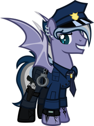 Size: 1920x2560 | Tagged: safe, artist:n0kkun, imported from derpibooru, oc, oc only, oc:night storm (ice1517), bat pony, pony, bat pony oc, bat wings, boots, clothes, cuffs, ear piercing, earring, eyebrow piercing, grin, gun, handgun, hat, holster, jewelry, male, multicolored hair, necklace, necktie, pants, piercing, police, police hat, police officer, revolver, ring, shirt, shoes, simple background, smiling, solo, stallion, tattoo, transparent background, watch, weapon, wedding ring, wings, wristwatch