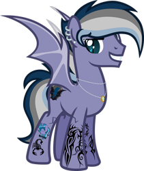 Size: 1920x2272 | Tagged: safe, artist:n0kkun, imported from derpibooru, oc, oc only, oc:night storm (ice1517), bat pony, pony, bat pony oc, bat wings, ear piercing, earring, eyebrow piercing, grin, jewelry, male, multicolored hair, necklace, piercing, ring, simple background, smiling, solo, stallion, tattoo, transparent background, wedding ring, wings