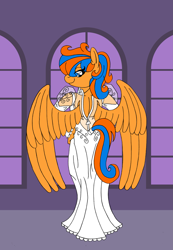 Size: 2141x3100 | Tagged: safe, artist:supra80, imported from derpibooru, oc, oc:cold front, anthro, pegasus, unguligrade anthro, anthro oc, clothes, crossdressing, dress, dressing, femboy, hand on hip, looking back, looking over shoulder, male, pegasus oc, photoshop, wedding dress, wings, zipper, zipper dress