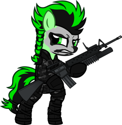 Size: 6000x6150 | Tagged: safe, artist:n0kkun, imported from derpibooru, oc, oc only, oc:aventurine, earth pony, pony, assault rifle, bipedal, boots, camouflage, clothes, commission, face paint, female, gloves, grenade launcher, gritted teeth, gun, hoof hold, jacket, m16, m16a1, m203, mare, pants, rifle, shoes, simple background, solo, transparent background, weapon