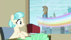 Size: 1280x720 | Tagged: safe, edit, edited screencap, editor:slayerbvc, imported from derpibooru, screencap, coco pommel, earth pony, pony, twilight's kingdom, accessory-less edit, crystaller building, fabric, female, let the rainbow remind you, manehattan, mare, missing accessory, rainbow, sewing machine, sitting, skyline, solo