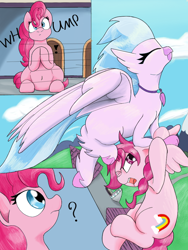 Size: 768x1024 | Tagged: safe, artist:mrleft, imported from derpibooru, bifröst, pinkie pie, silverstream, earth pony, hippogriff, pegasus, pony, series:school snacks, behaving like a bird, female, friendship student, imminent vore, mare, mistakes were made, oops, story in the source