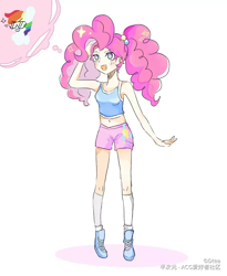 Size: 820x1000 | Tagged: safe, artist:dtea, imported from derpibooru, pinkie pie, rainbow dash, human, alternate hairstyle, belly button, clothes, hair ornament, humanized, midriff, pigtails, shoes, shorts, simple background, sleeveless, sneakers, socks, sports bra, sports shorts, tanktop, thought bubble, twintails, white background