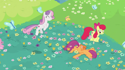 Size: 1920x1080 | Tagged: safe, imported from derpibooru, screencap, apple bloom, scootaloo, sweetie belle, butterfly, growing up is hard to do, cutie mark, cutie mark crusaders, older, the cmc's cutie marks