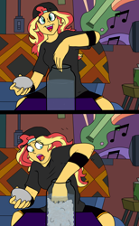 Size: 1500x2432 | Tagged: safe, artist:pony quarantine, imported from derpibooru, sunset shimmer, equestria girls, 2 panel comic, alternate hairstyle, alternative outfit, armband, blanket, clothes, comic, couch, drawthread, hat, have a good day, hot ice, jar, l.a. beast, light switch, poster, shirt, sodium acetate trihydrate, television, this ended in pain