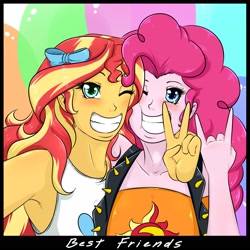 Size: 1600x1600 | Tagged: safe, artist:albertbm, imported from derpibooru, pinkie pie, sunset shimmer, equestria girls, equestria girls series, holidays unwrapped, spoiler:eqg series (season 2), camera, clothes swap, devil horn (gesture), selfie, simple background