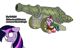 Size: 900x567 | Tagged: safe, artist:slamjam, imported from derpibooru, starlight glimmer, twilight sparkle, pony, unicorn, cannon, clothes, duo, ears back, female, floppy ears, historical roleplay starlight, looking back, mare, ottoman, ottoman empire, pun, scared, shrunken pupils, simple background, unicorn twilight, white background