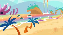 Size: 1671x931 | Tagged: safe, imported from derpibooru, screencap, meet potion nova!, my little pony: pony life, spoiler:pony life s01e21, g4.5, palm tree, potion ocean, rainbow water, rainbow waterfall, scenery, skull, tree