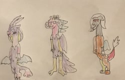 Size: 1280x825 | Tagged: safe, artist:whistle blossom, imported from derpibooru, cosmos (character), discord, princess eris, draconequus, adoreris, belly button, chibi, cosmos, cute, eris, female, rule 63, rule63betes, simple background, smiling, standing, traditional art, trio, trio female, white background