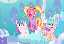 Size: 1318x894 | Tagged: safe, artist:bluerosebases, artist:evilfrenzy, artist:hope-of-morning, artist:jadeharmony, artist:jadethepegasus, imported from derpibooru, cozy glow, luster dawn, princess flurry heart, alicorn, pegasus, pony, a better ending for cozy, alternate hairstyle, base used, bed, cozybetes, crystal, cute, eyes closed, female, flurrybetes, jumping, lusterbetes, mare, older, older cozy glow, older flurry heart, open mouth, show accurate, sleepover, treasure chest, trio