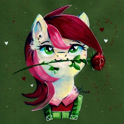 Size: 1024x1024 | Tagged: safe, artist:lailyren, imported from derpibooru, roseluck, earth pony, pony, bust, clothes, female, flower, flower in mouth, gouache, green background, heart, heart eyes, looking at you, mare, mouth hold, painting, portrait, rose, rose in mouth, signature, simple background, smiling, solo, traditional art, wingding eyes