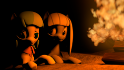 Size: 1920x1080 | Tagged: safe, artist:sfmfrick, imported from derpibooru, coco pommel, limestone pie, pony, 3d, fire, prone