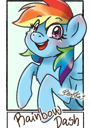 Size: 490x697 | Tagged: safe, alternate version, artist:beakka, imported from derpibooru, rainbow dash, pegasus, pony, bust, female, mare, open mouth, signature, smiling, solo