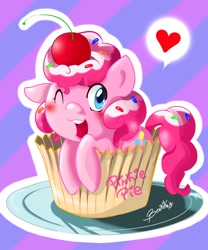 Size: 1707x2048 | Tagged: safe, artist:beakka, imported from derpibooru, pinkie pie, earth pony, pony, cherry, cupcake, female, food, heart, mare, micro, one eye closed, open mouth, pictogram, plate, signature, smiling, solo, wink