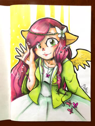 Size: 2448x3264 | Tagged: safe, artist:beakka, imported from derpibooru, butterfly, human, clothes, dress, eared humanization, female, hairclip, humanized, jewelry, necklace, signature, smiling, solo, traditional art, waving, winged humanization, wings