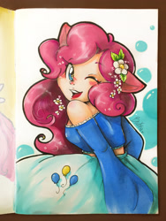 Size: 2448x3264 | Tagged: safe, artist:beakka, imported from derpibooru, pinkie pie, human, clothes, cutie mark, cutie mark on clothes, dress, eared humanization, female, flower, flower in hair, humanized, one eye closed, open mouth, smiling, solo, traditional art, wink