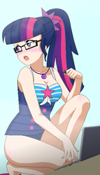 Size: 405x706 | Tagged: safe, artist:grapefruitface1, imported from derpibooru, sci-twi, twilight sparkle, equestria girls, equestria girls series, forgotten friendship, anime, base used, beach, blushing, breasts, cleavage, clothes, computer, element of magic, female, laptop computer, solo, swimsuit, usb