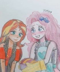 Size: 720x859 | Tagged: safe, artist:yumin, imported from derpibooru, pinkie pie, sunset shimmer, equestria girls, equestria girls series, holidays unwrapped, spoiler:eqg series (season 2), apron, blushing, clothes, colored pencil drawing, food, hairpin, pie, smiling, traditional art