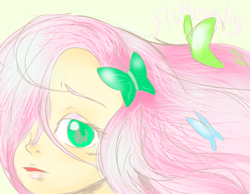 Size: 931x723 | Tagged: safe, artist:beakka, imported from derpibooru, fluttershy, butterfly, human, bust, female, hair over one eye, humanized, solo