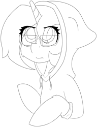 Size: 4143x5432 | Tagged: safe, artist:skylarpalette, imported from derpibooru, oc, oc only, oc:skylar palette, pony, unicorn, black and white, bust, cheek fluff, clothes, concerned, fluffy, glasses, grayscale, half body, hood up, hoodie, horn, long mane, looking up, monochrome, simple background, sketch, solo, tired, transparent background, unicorn oc