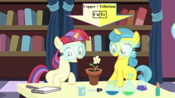 Size: 1280x720 | Tagged: safe, edit, edited screencap, imported from derpibooru, screencap, lemon hearts, moondancer, pony, unicorn, amending fences, arrow, book, bookshelf, captain obvious, chemistry joke, classroom, copper, cute, dancerbetes, duo, female, filly, filly lemon hearts, filly moondancer, flower, flower pot, lab, lemonbetes, listen here, periodic table, princess celestia's school for gifted unicorns, safety goggles, tellurium, text, younger