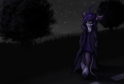 Size: 2117x1431 | Tagged: safe, artist:batsdisaster, imported from derpibooru, oc, oc only, oc:batsdisaster, pony, vampire, vampony, bipedal, black eye, black sclera, clothes, femboy, lonely, male, night, piercing, road, sad, sketch, solo, stars, tree