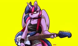 Size: 3555x2100 | Tagged: safe, artist:lrusu, imported from derpibooru, twilight sparkle, alicorn, anthro, alternate hairstyle, breasts, cleavage, clothes, ear piercing, earring, electric guitar, female, guitar, jewelry, musical instrument, piercing, punk, punklight sparkle, ripped shorts, short shirt, simple background, snake bites, solo, twilight sparkle (alicorn), yellow background