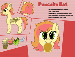 Size: 2017x1531 | Tagged: safe, artist:trooper3, imported from derpibooru, oc, oc only, oc:pancake bat, bat pony, pony, bat pony oc, bat wings, bust, cute, female, food, grin, heart, looking at you, mare, nom, ocbetes, pancakes, profile, red background, reference sheet, simple background, smiling, solo, starry eyes, text, wingding eyes, wings