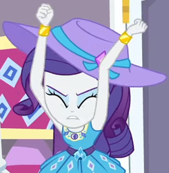 Size: 371x379 | Tagged: safe, imported from derpibooru, screencap, rarity, camping must-haves, equestria girls, spoiler:eqg series (season 2), armpits, arms in the air, belt buckle, blouse, bracelet, clothes, dress, eyes closed, eyeshadow, female, frilly design, geode of shielding, hat, jewelry, magical geodes, makeup, pendant, rarity peplum dress, sleeveless, solo, sun hat