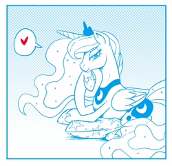 Size: 2424x2339 | Tagged: safe, artist:mrs1989, imported from derpibooru, princess luna, alicorn, pony, crown, female, heart, jewelry, looking at you, lying down, mare, monochrome, peytral, pillow, regalia, smiling, solo