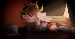 Size: 1682x888 | Tagged: safe, artist:loopdalamb, imported from derpibooru, oc, oc only, oc:honey bunny, oc:hunbun, hybrid, pegasus, pony, arctic monkeys, bed, coat markings, facial markings, looking at you, lying down, sad, scene, shading, snip (coat marking), solo, two toned wings, wings