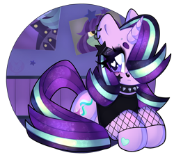 Size: 3365x3000 | Tagged: safe, artist:bunxl, imported from derpibooru, starlight glimmer, pony, unicorn, the parent map, choker, ear piercing, edgelight glimmer, female, fishnets, high res, lying down, mare, nose piercing, piercing, poster, prone, simple background, solo, spiked choker, teenage glimmer, teenager, transparent background