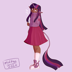 Size: 2000x2000 | Tagged: safe, artist:miffxn, imported from derpibooru, twilight sparkle, human, alternate hairstyle, clothes, converse, dark skin, eared humanization, female, horn, horned humanization, humanized, leonine tail, purple background, shoes, simple background, skirt, socks, solo, sweater, tailed humanization, twilight is not amused, twilight sparkle is not amused, unamused