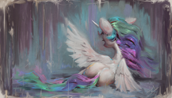 Size: 1200x682 | Tagged: safe, artist:assasinmonkey, imported from derpibooru, princess celestia, alicorn, pony, butt, cute, digital painting, female, horn, looking away, mare, plot, rain, solo, sunbutt, wings