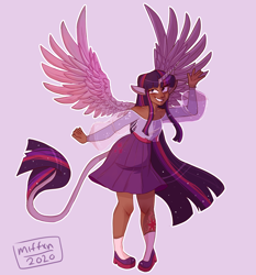 Size: 1740x1868 | Tagged: safe, artist:miffxn, imported from derpibooru, twilight sparkle, alicorn, human, alicorn humanization, alternate hairstyle, belt, blushing, clothes, cutie mark on human, cutie mark tattoo, dark skin, eared humanization, female, flats, grin, horn, horned humanization, humanized, leonine tail, purple background, see-through, shirt, shoes, simple background, skirt, smiling, socks, solo, tailed humanization, tattoo, twilight sparkle (alicorn), waving, winged humanization