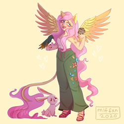 Size: 3000x3000 | Tagged: safe, artist:miffxn, imported from derpibooru, angel bunny, fluttershy, bird, butterfly, human, owl, parrot, rabbit, alternate hairstyle, animal, blushing, clothes, cutie mark on human, cutie mark tattoo, eared humanization, feet, female, humanized, leonine tail, lipstick, male, nail polish, pants, sandals, simple background, solo, sweatpants, tailed humanization, tanktop, tattoo, toenail polish, toes, winged humanization, wings, yellow background