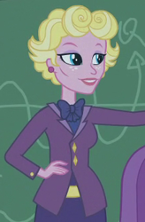 Size: 220x335 | Tagged: safe, imported from derpibooru, screencap, equestria girls, friendship games, blazer, chalkboard, classroom, cropped, crystal prep academy, ear piercing, earring, female, jewelry, mrs. shade, piercing, solo, teacher