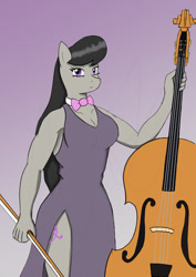 Size: 595x842 | Tagged: safe, artist:afhybrid, imported from derpibooru, octavia melody, anthro, earth pony, bow, bow (instrument), bowtie, breasts, cello, clothes, dress, female, musical instrument, side slit, simple background, solo, tall sideslit, total sideslit