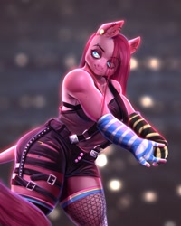 Size: 1280x1603 | Tagged: safe, artist:bananitryi, imported from derpibooru, pinkie pie, anthro, earth pony, clothes, ear piercing, eyebrow piercing, female, gloves, leonine tail, piercing, pinkamena diane pie, solo, striped gloves, suspenders