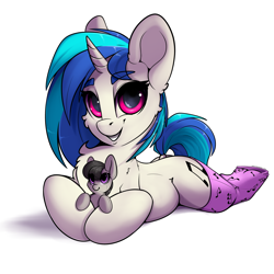 Size: 3000x3000 | Tagged: safe, artist:skitsniga, artist:skitsroom, imported from derpibooru, dj pon-3, octavia melody, vinyl scratch, earth pony, pony, unicorn, background pony, chest fluff, clothes, crush plush, cute, ear fluff, female, hoof hold, implied lesbian, implied scratchtavia, implied shipping, mare, open mouth, plushie, simple background, socks, solo, underhoof, vinylbetes, white background