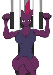 Size: 595x842 | Tagged: safe, artist:afhybrid, imported from derpibooru, tempest shadow, anthro, unicorn, breasts, broken horn, busty tempest shadow, clothes, crossed legs, exercise machine, female, gym, horn, leotard, looking at you, muscles, muscular female, simple background, sitting, temple shadow, weight lifting, white background, workout