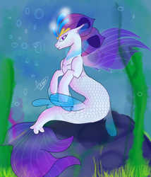 Size: 2400x2800 | Tagged: safe, artist:sashakruchkinatv, imported from derpibooru, queen novo, seapony (g4), my little pony: the movie, bioluminescent, bubble, crown, eyelashes, female, fin wings, fins, fish tail, jewelry, purple eyes, regalia, rock, seaweed, signature, smiling, solo, underwater, water, wings