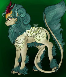 Size: 2400x2800 | Tagged: safe, artist:sashakruchkinatv, imported from derpibooru, rain shine, kirin, cloven hooves, female, green background, mare, profile, redesign, signature, simple background, solo